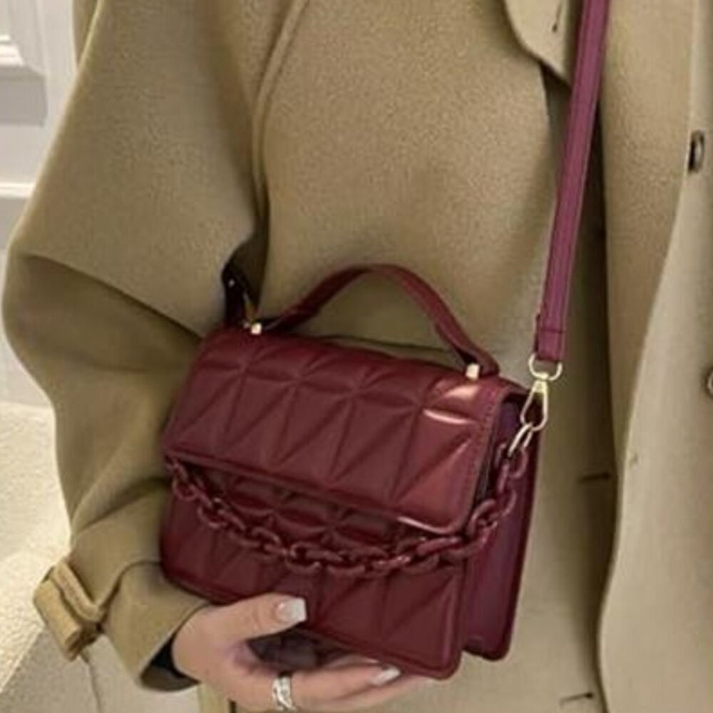 Quilted Dark Red Vegan Leather Square Crossbody Bag Mini Satchel Handbags